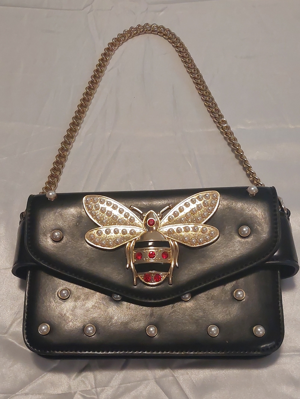 Black Leather Mini Bag with Gold Bee Accent & Faux Pearls